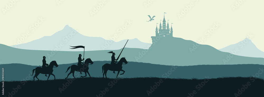Black silhouette of knights on background of castle attacked by dragon. Fantasy landscape. Medieval panorama - obrazy, fototapety, plakaty 