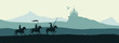 Black silhouette of knights on background of castle attacked by dragon. Fantasy landscape. Medieval panorama