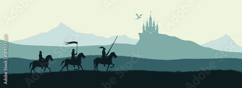 Fotomural Black silhouette of knights on background of castle attacked by dragon