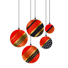 Wall Mural - Luxury winter celebration element in red and gold color. Christmas bauble decoration in patchwork style. Vector illustration with new year balls for xmas card, invitation, surface design. 