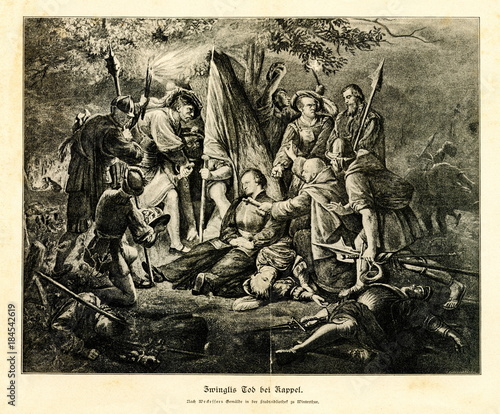 Zwingli's death at the Battle of Kappel, 11 October 1531(from Spamers  Illustrierte Weltgeschichte, 1894, 5[1], 302, 303) Stock Illustration |  Adobe Stock