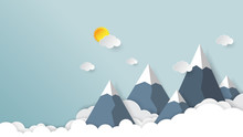 Clouds,mountains And Sky Background.Paper Art Style Vector Illustration.