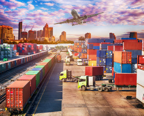 Wall Mural - Business Logistics concept, plane, truck and train for Logistic Import Export with skyscraper backgrounground.