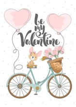 Romantic Greeting Card Valentines Day With Cute Dog. Elements And Text. Vector Illustration.
