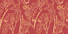 Seamless Pattern, Hand Drawn Golden Oak Leaves ,acorns And Oak Flower On Red Background