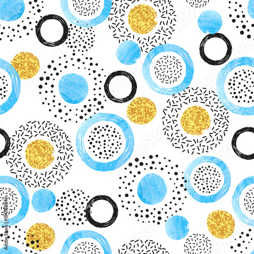 Seamless pattern with blue, black and golden circles and dots. Vector abstrac...