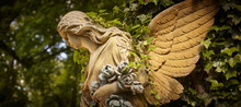 A Fragment Of Ancient Sculpture Angel In A Golden Glow In The Old Cemetery.