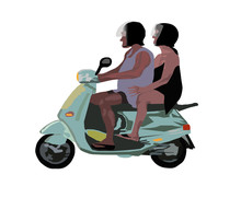 Adult Man And The Woman Go On A Green Motor Scooter