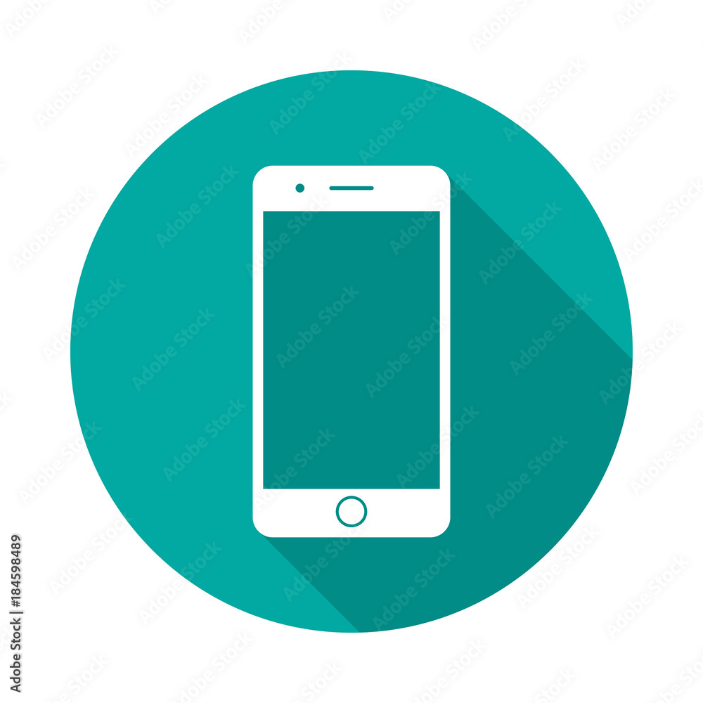 Mobile phone circle icon with long shadow. Flat design style. Smart phone simple silhouette. Modern, minimalist, round icon in stylish colors. Web site page and mobile app design vector element. - obrazy, fototapety, plakaty 