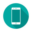 © Victor - Mobile phone circle icon with long shadow. Flat design style. Smart phone simple silhouette. Modern, minimalist, round icon in stylish colors. Web site page and mobile app design vector element.