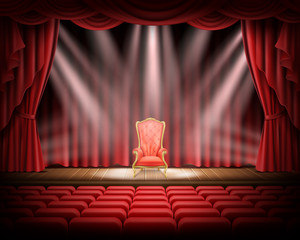 Wall Mural - Open red curtain and illuminated theatrical stage with red vintage chair standing on it, realistic vector. Grand opening concept, performance or event premiere poster, announcement banner template