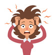Vector illustration of funny brunette stressed woman with her hands on the head and wide opened mouth.