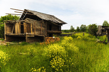 Unfinished Old Wooden House In Village.