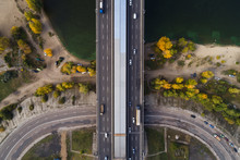 Fragment Of The South Bridge In Kiev With A Piece Of Coastline And Road Junction. View From Above. Autumn
