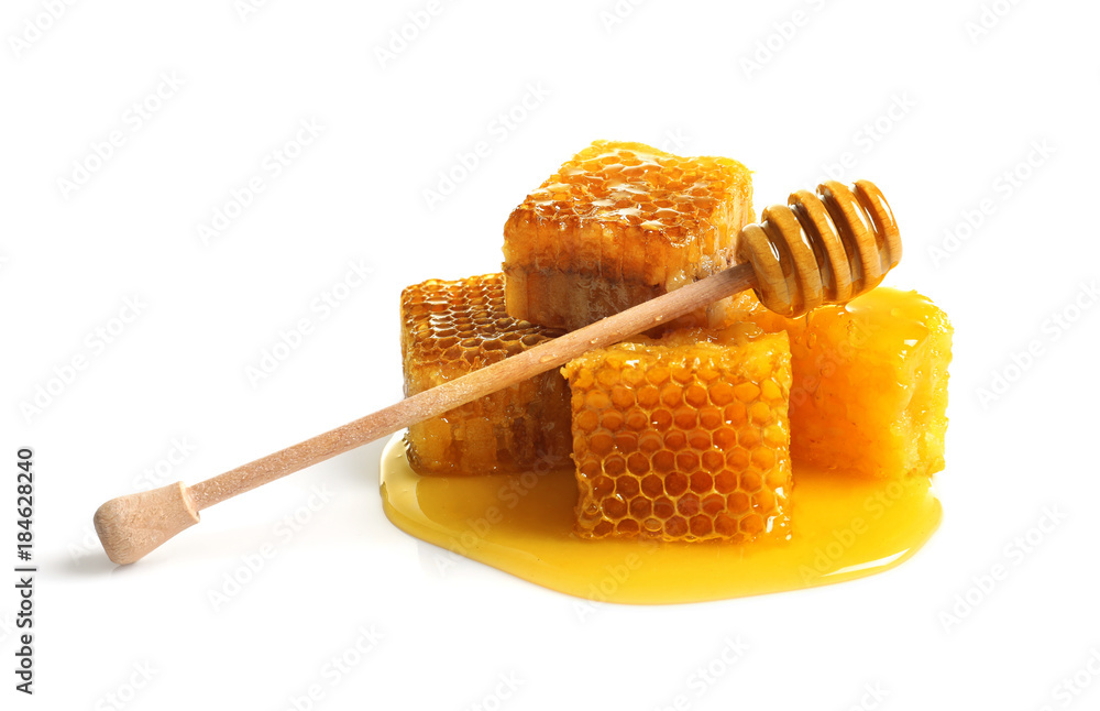 Composition with sweet honey on white background