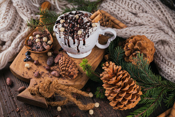 Wall Mural - Christmas or New Year composition with hot chocolate or cocoa drink with whipped cream