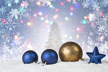 Sticker - Christmas scene with gold and blue ornaments