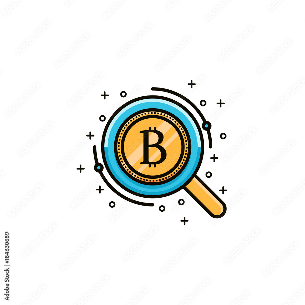 Bitcoin search symbol. Bit coin cryptocurrency sign with loupe or  magnifying glass - flat color line isolated icon. Concept for crypto  currency online exchange services and trading platforms. Stock Vector |  Adobe Stock