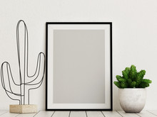 Mock Up Poster With Cactus Decoration, 3d Render, 3d Illustration