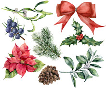 Watercolor Christmas Decor Set With Plant. Hand Painted Red Ribbon, Poinsettia, Holly, Mistletoe, Pine Cone, Juniper And Snowberry Isolated On White Background. Holiday Plant For Design.