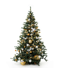 Christmas Tree With Golder Patchwork Ornament Artificial Star Hearts Balls Bells Presents For New Year Isolated 