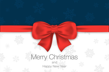 Aufkleber - Merry Christmas and Happy New Year. Blue and white background with red bow and snowflakes. Greeting card template