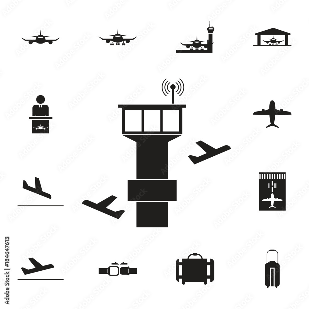 tower controller and plane icon. Set of airport element icons. Premium ...