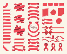 Set Of Red Ribbons, Bows, Banners, Flags. Vector Ribbon Series.