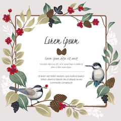  Vector illustration. A floral frame with a cute bird in winter for Wedding, anniversary, birthday and party. Design for banner, poster, card, invitation and scrapbook 