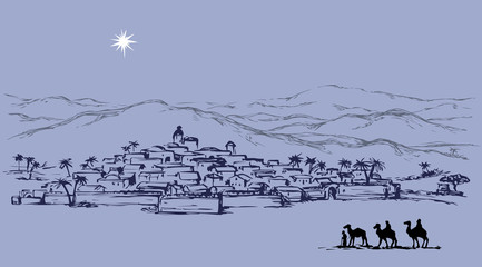 Wall Mural - Magi go to Bethlehem. Vector drawing