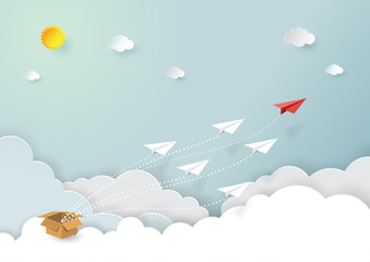 Paper airplanes flying on blue sky and cloud.Paper art style of start up and business teamwork creative concept idea.Vector illustration