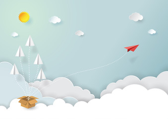 Wall Mural - paper airplanes flying on blue sky and cloud.paper art style of business vision and teamwork creativ