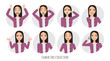 Asian Woman in office suit. Set of emotions and gestures to the young asian woman.
