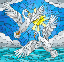 Wall Mural - Illustration in stained glass style with a pair of  swans on the background of the daytime sky, water  and clouds