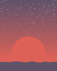 Space retro background. Planet surface like Mars and huge red giant sun rising above the horizon. Gradient planet sky. Mountains and rocks on planet horizon. A lot of bright stars on the sky.