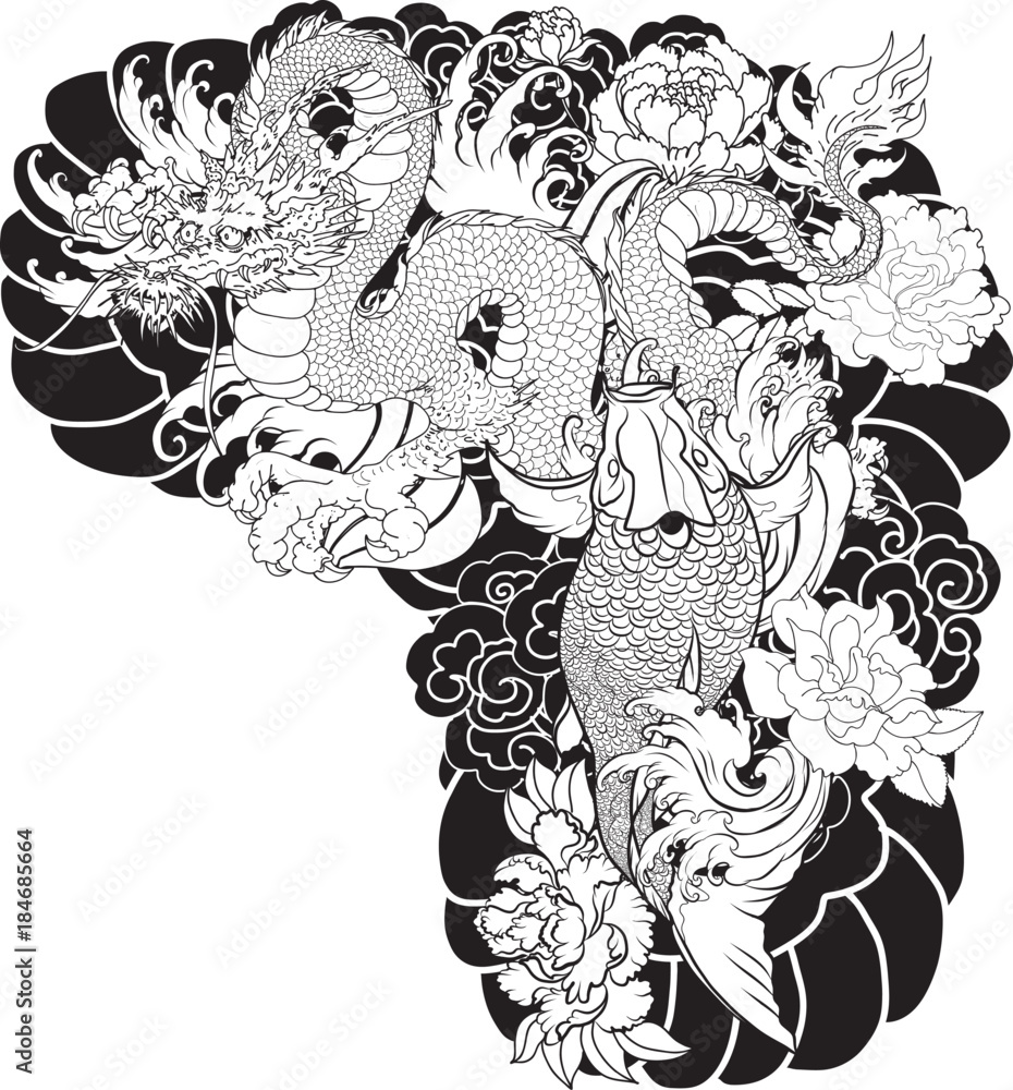 Japanese tattoo design full back body.The Old Dragon and koi carp fish with  water splash and peony flower,cherry blossom,peach blossom on cloud  background. Stock Vector | Adobe Stock, image size:930x1000