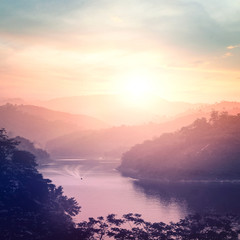 Mountain river landscape at autumn sunset background. Bang Lang Reservoir at Bethong, Yala, Thailand, Asia