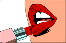 Pop Art Makeup. Closeup Of Sexy Girl Paints Her Lips With Lipstick In Her Hand And Empty Speech Bubble