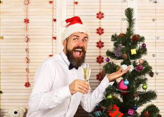 Poster - Santa Claus in red hat with happy face sends cheers.