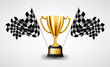 Realistic Golden Trophy with Checkered flag racing championship background, Vector Illustration