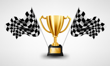 Realistic Golden Trophy With Checkered Flag Racing Championship Background, Vector Illustration
