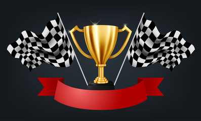 Realistic Golden Trophy with Checkered flag racing championship background and red ribbon, Vector Illustration