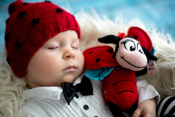  Little baby boy with knitted ladybug hat and pants in a basket