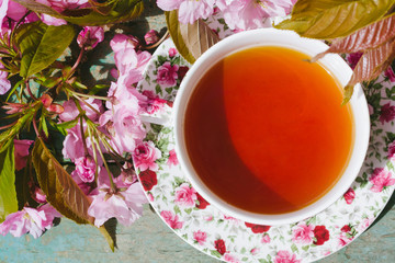 Wall Mural - Beautiful, vintage teacup with Japanese cherry tree blossoms, shot from above.