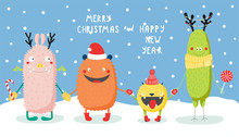 Hand Drawn Christmas Greeting Card With Cute Funny Monsters Smiling And Holding Hands, Under The Snow, With Typography. Isolated Objects. Design Concept Kids, Winter Holidays. Vector Illustration.