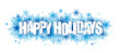 HAPPY HOLIDAYS typographic banner on blue snowflakes