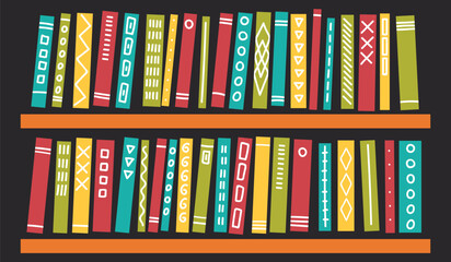 Wall Mural - Books with ornament on shelves on dark background. Education, studying, reading vector illustration.