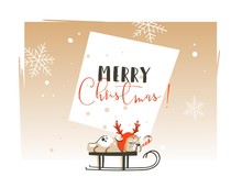 Hand Drawn Vector Abstract Merry Christmas And Happy New Year Time Cartoon Illustrations Greeting Card Template With French Bulldog Dog On Sleigh And Typography Text Isolated On White Background