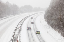 Highway During A Snowstorm In Winter