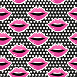 Fototapeta Dinusie - Female lips. Mouth with a kiss, smile, tongue, teeth and kiss me lettering on background. Vector comic seamless pattern in pop art retro style. Abstract seamless pattern for girls, boys, clothes.